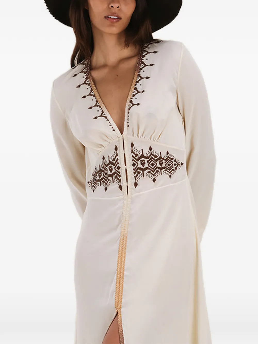 Fortela Wada Embroidered V Neck Midi Dress
