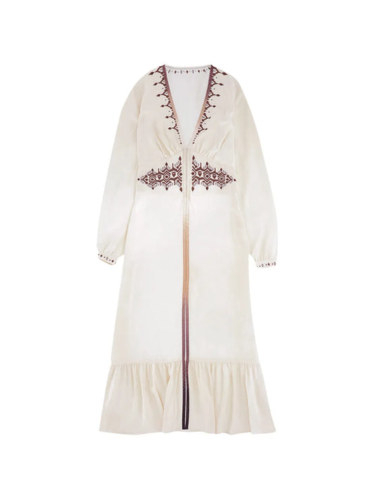 Fortela Wada Embroidered V Neck Midi Dress