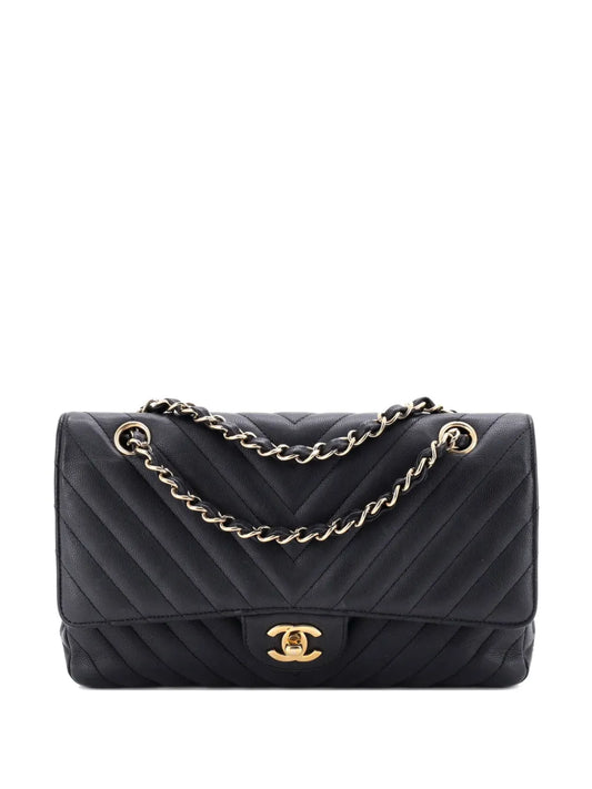 Chanel Pre Owned Classic Double Flap Bag Chevron Caviar Medium Shoulder Bag
