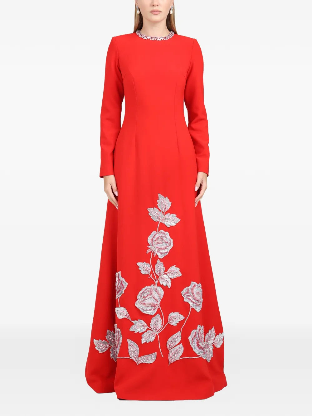 Dina Melwani Floral Embroidered Column Maxi Dress