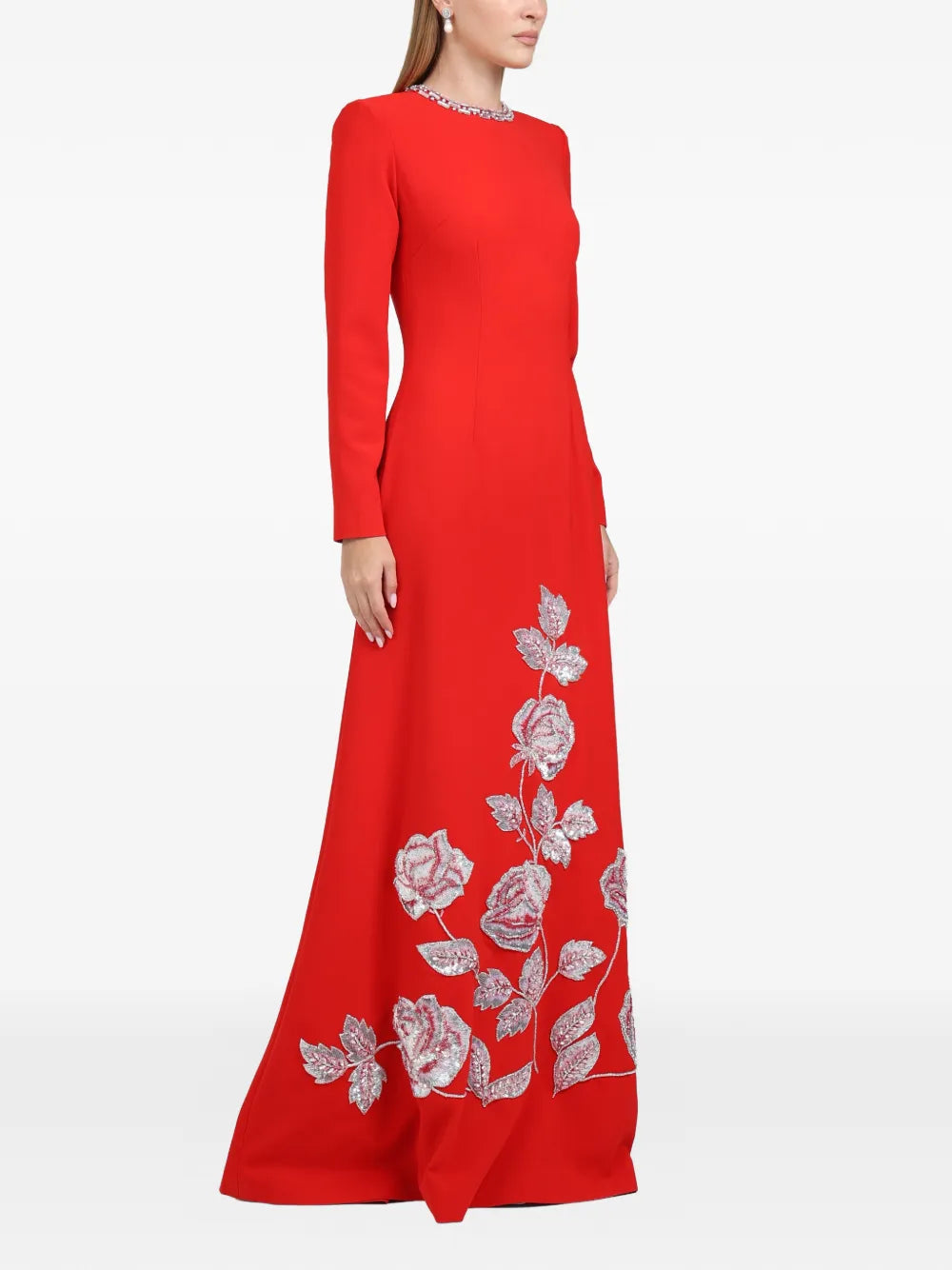 Dina Melwani Floral Embroidered Column Maxi Dress