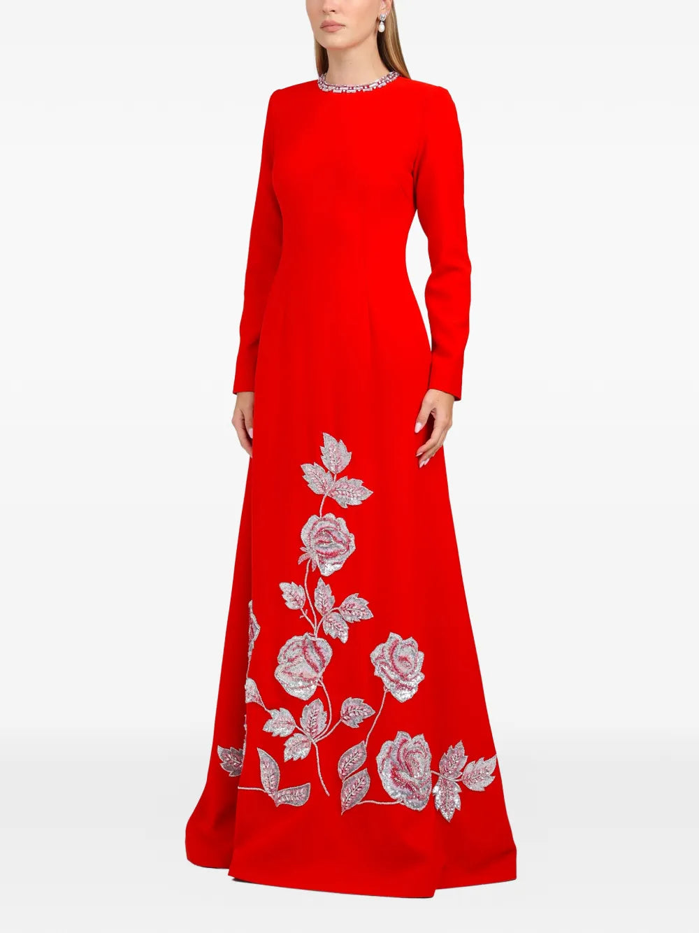 Dina Melwani Floral Embroidered Column Maxi Dress